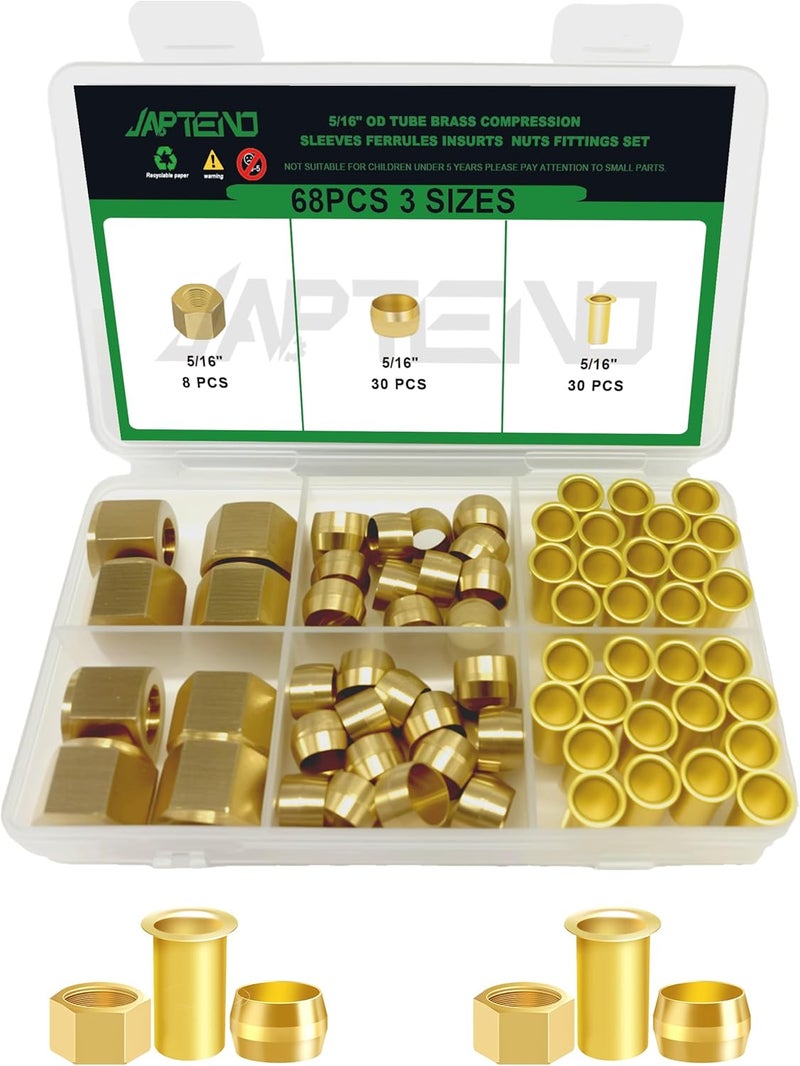 Japtend 68pcs 5/16" Brass Compression Sleeves Ferrules Inserts Nuts Fittings Assortment Kit, Air Hose Ferrules Kit of Air Water Fuel Oil Gas Tube Lines - Image 1